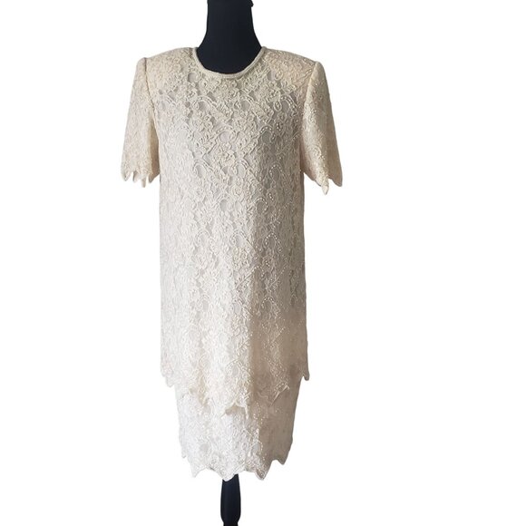 Vintage Dresses & Skirts - Vintage 80s Beaded‎ Tiered White Cream Shift Dress Size M Wedding Elegant